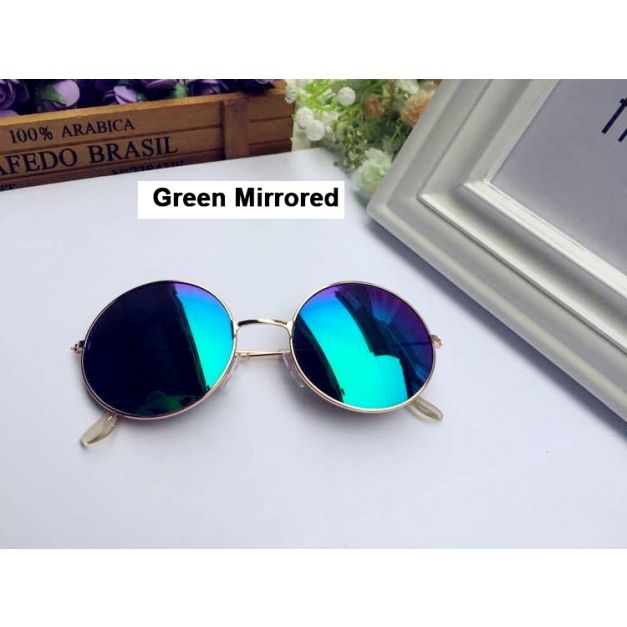 Adult retro round sunglasses with gold metal frame and green mirrored lenses