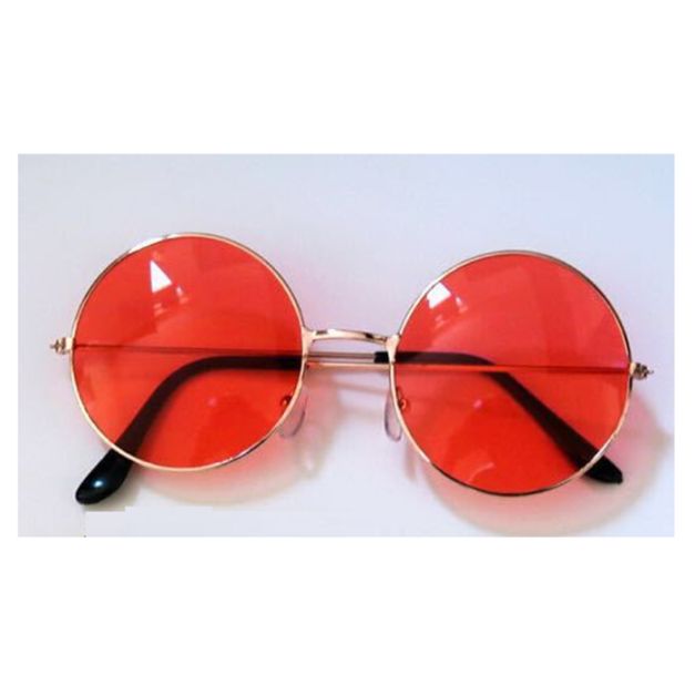 Orange-pink tinted round sunglasses with gold metal frames on white background Orange-pink tinted round sunglasses with gold metal frames on white background