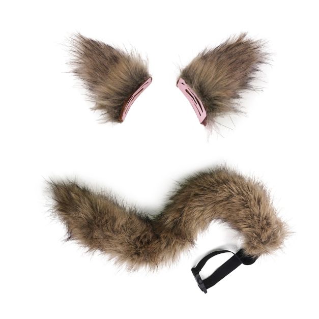Fox ears and tail set with clip-on attachments in natural brown and tan faux fur Fox ears and tail set with clip-on attachments in natural brown and tan faux fur