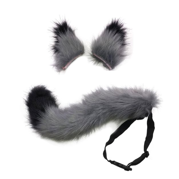 Grey fox ears with black tips and metal clips for headband attachment