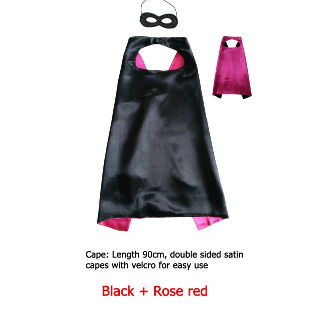 Kids reversible superhero cape in black satin with hot pink lining and matching eye mask Kids reversible superhero cape in black satin with hot pink lining and matching eye mask