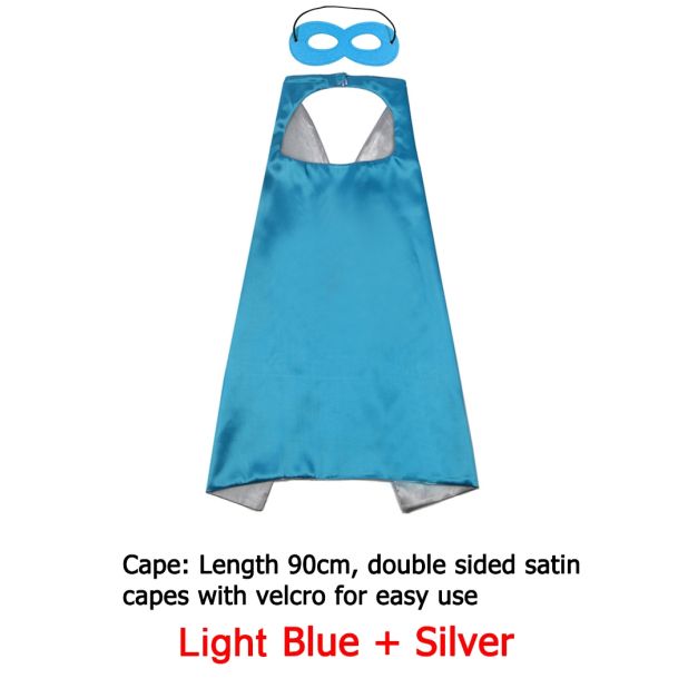 Kids superhero cape and mask set in light blue and silver reversible satin with Velcro closure Kids superhero cape and mask set in light blue and silver reversible satin with Velcro closure