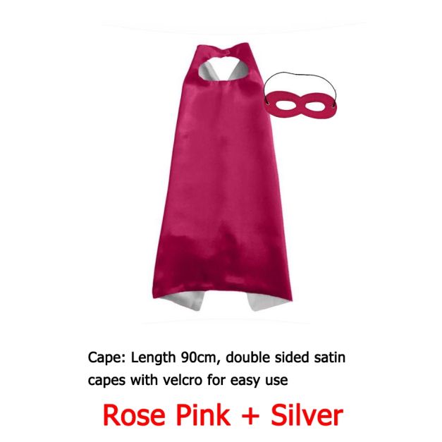 Rose pink and silver reversible superhero cape with matching eye mask for kids