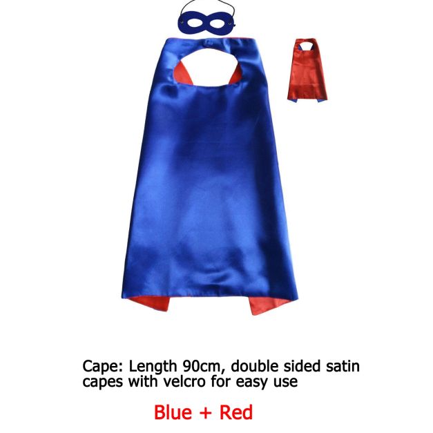 Kids reversible superhero cape in royal blue with red lining, 90cm length