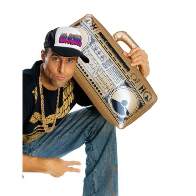 Gold inflatable boom box radio prop with printed cassette deck and speaker grills Gold inflatable boom box radio prop with printed cassette deck and speaker grills