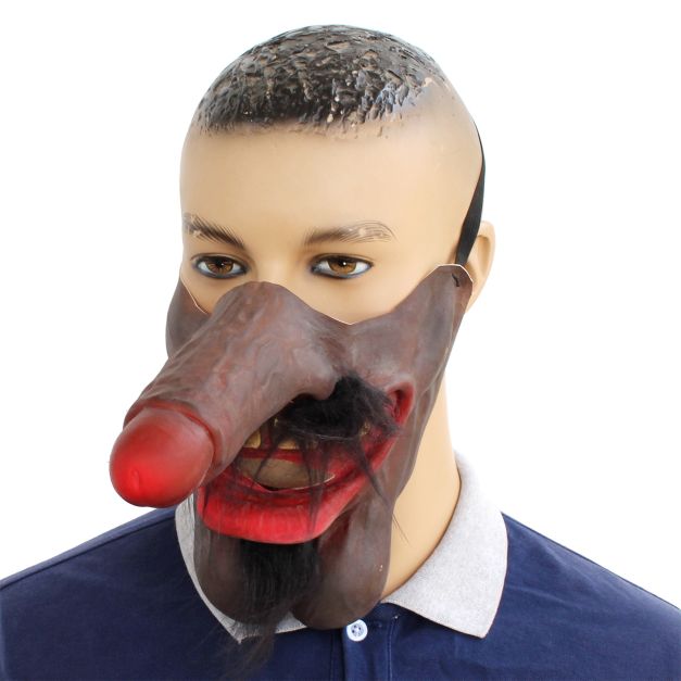 Novelty latex mask with exaggerated nose prosthetic and facial hair Novelty latex mask with exaggerated nose prosthetic and facial hair
