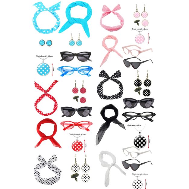 Retro rockabilly accessory kit showing pink and red polka dot color variations Retro rockabilly accessory kit showing pink and red polka dot color variations