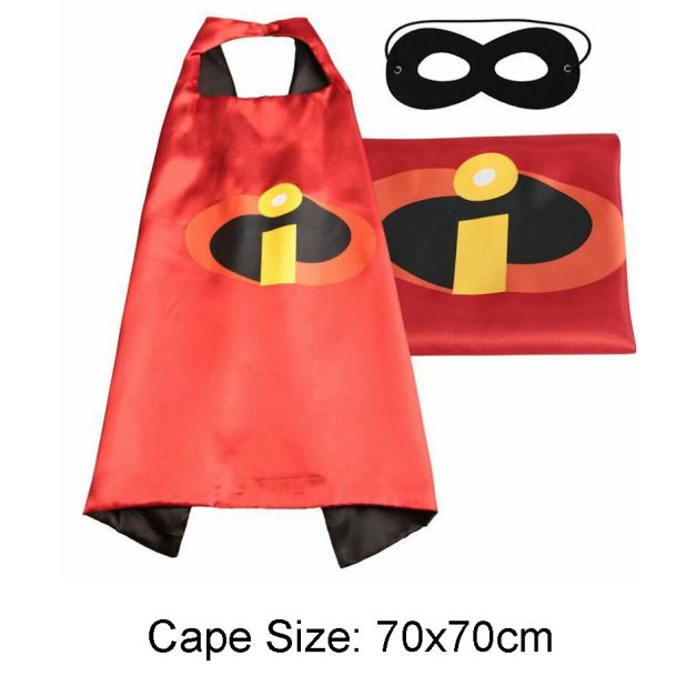Kids red superhero cape with black lining and logo appliqué, reversible design Kids red superhero cape with black lining and logo appliqué, reversible design