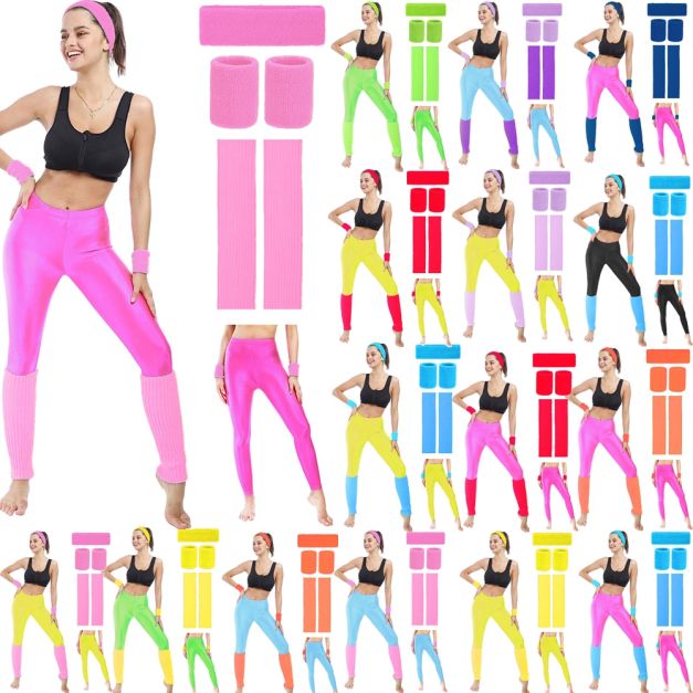 Adult 80s aerobics costume set with neon pink leggings, hot pink leg warmers, and matching terry cloth headband and wristbands Adult 80s aerobics costume set with neon pink leggings, hot pink leg warmers, and matching terry cloth headband and wristbands