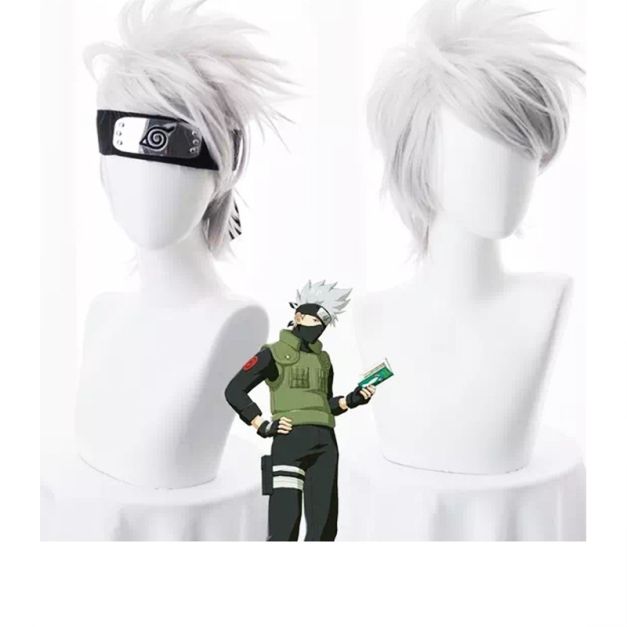Silver spiky anime ninja wig with windswept platinum blonde layers on mannequin head Silver spiky anime ninja wig with windswept platinum blonde layers on mannequin head