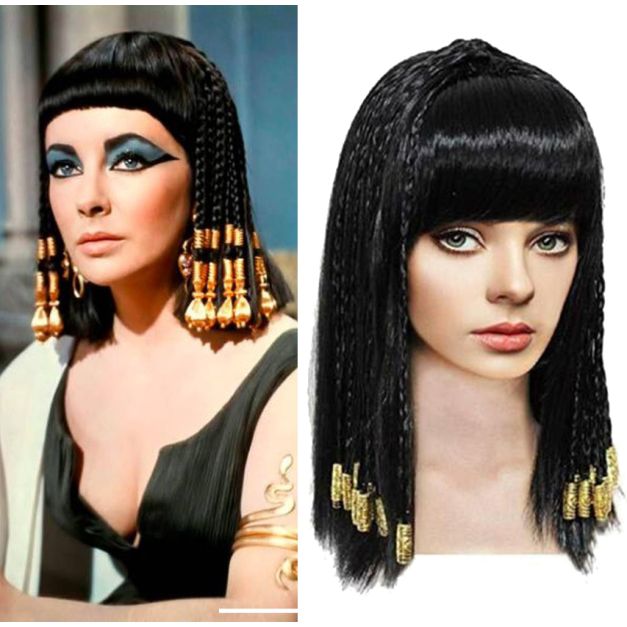 Cleopatra black wig with gold-beaded braids and blunt fringe Cleopatra black wig with gold-beaded braids and blunt fringe