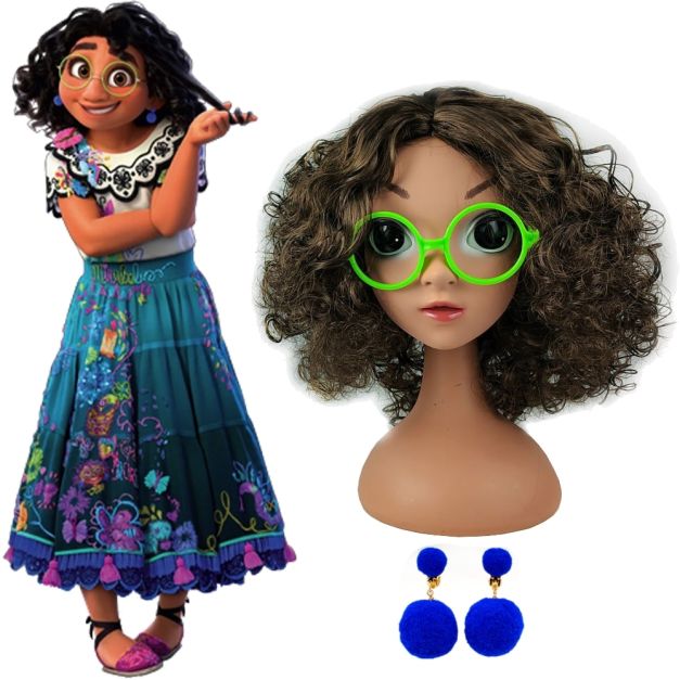Girls curly brown wig with green round glasses and blue pom-pom earrings Book Week character set Girls curly brown wig with green round glasses and blue pom-pom earrings Book Week character set