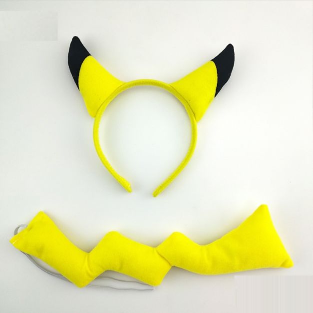 Close-up of padded fleece electric mouse ears on fabric-wrapped headband with zigzag tail Close-up of padded fleece electric mouse ears on fabric-wrapped headband with zigzag tail