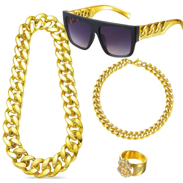 Complete hip hop costume jewellery set with chains and bling accessories Complete hip hop costume jewellery set with chains and bling accessories