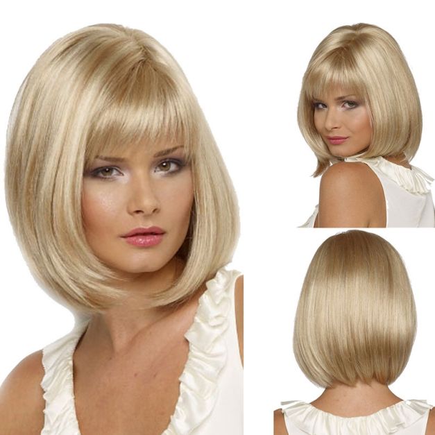 Side view of 60s mod style blonde bob wig with rounded silhouette and inward curve Side view of 60s mod style blonde bob wig with rounded silhouette and inward curve