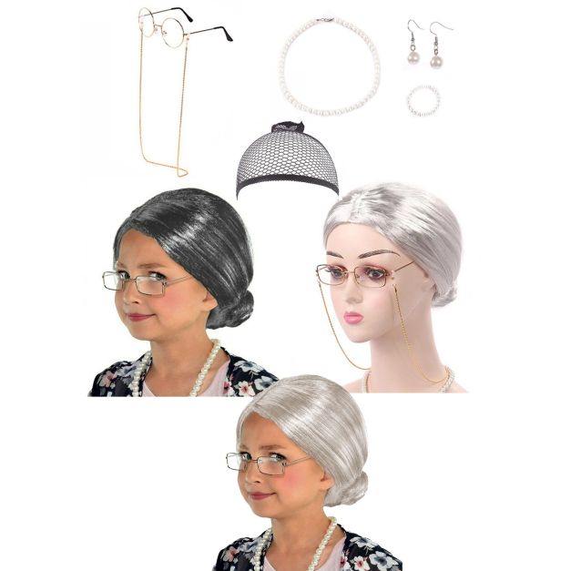 Granny costume accessory set with grey wig, round glasses and pearl jewelry on white background Granny costume accessory set with grey wig, round glasses and pearl jewelry on white background