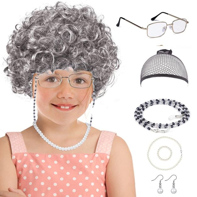 Child wearing grey curly wig and wire-frame glasses with beaded chain for elderly character costume Child wearing grey curly wig and wire-frame glasses with beaded chain for elderly character costume