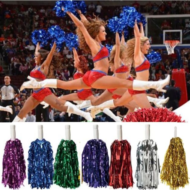 Metallic foil pom poms for cheer in multiple colours - pink, blue, green, purple, red, silver, gold Metallic foil pom poms for cheer in multiple colours - pink, blue, green, purple, red, silver, gold