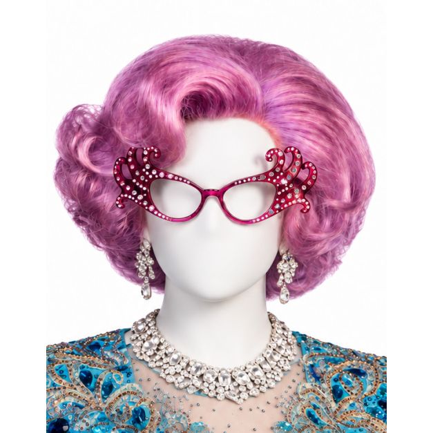Purple bouffant wig with rhinestone cat-eye glasses on mannequin Purple bouffant wig with rhinestone cat-eye glasses on mannequin