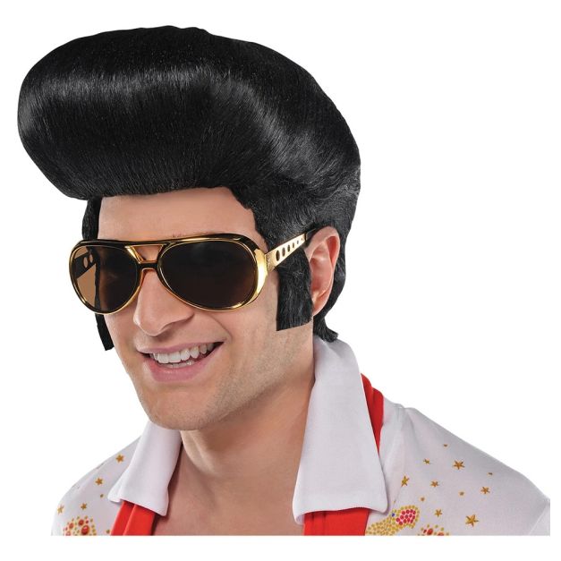 Adult Elvis wig with black pompadour hairstyle and tapered sideburns Adult Elvis wig with black pompadour hairstyle and tapered sideburns
