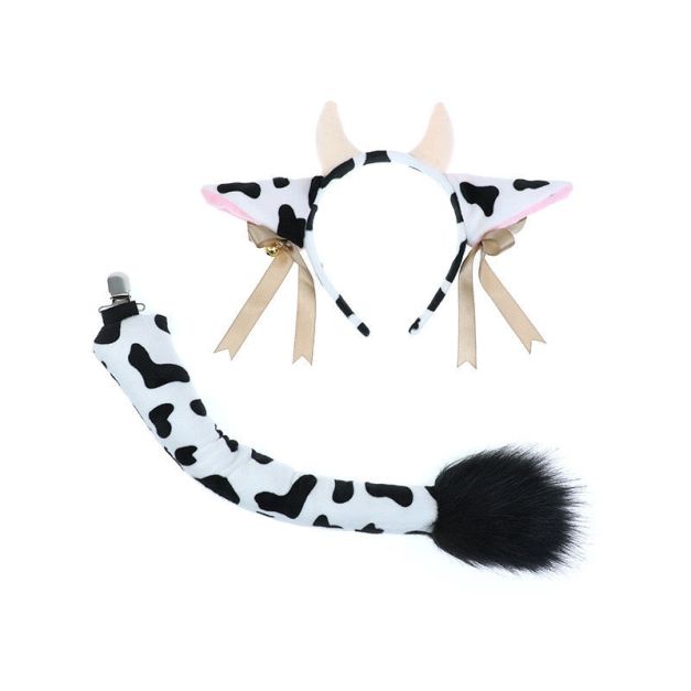 Cow ears headband with pink lining and bell-trimmed ribbons, plus spotted tail with black tuft Cow ears headband with pink lining and bell-trimmed ribbons, plus spotted tail with black tuft