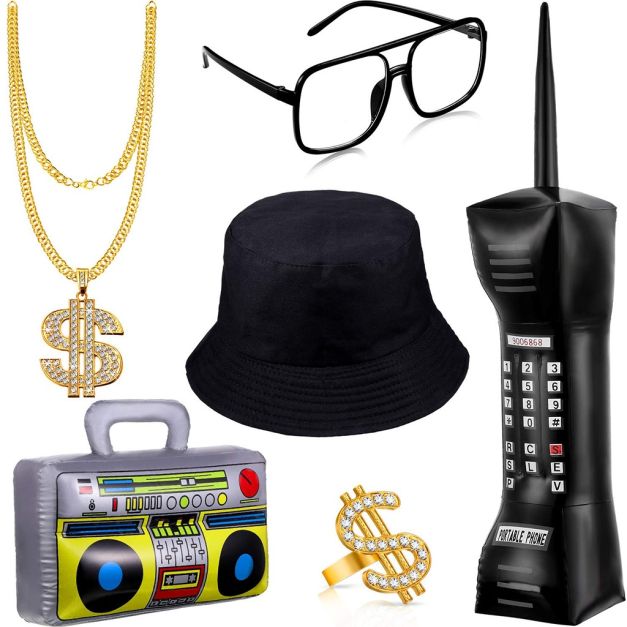 Adult 80s hip hop rapper accessory set with gold dollar sign necklace, ring, bucket hat, oversized glasses, and inflatable boom box and phone on white background Adult 80s hip hop rapper accessory set with gold dollar sign necklace, ring, bucket hat, oversized glasses, and inflatable boom box and phone on white background