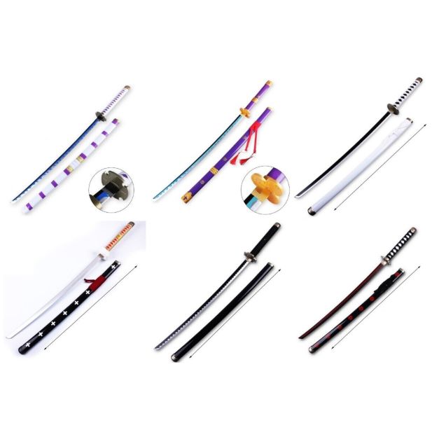 Kids 77cm wooden anime katana sword with decorative purple scabbard and gold tsuba guard on display stand Kids 77cm wooden anime katana sword with decorative purple scabbard and gold tsuba guard on display stand
