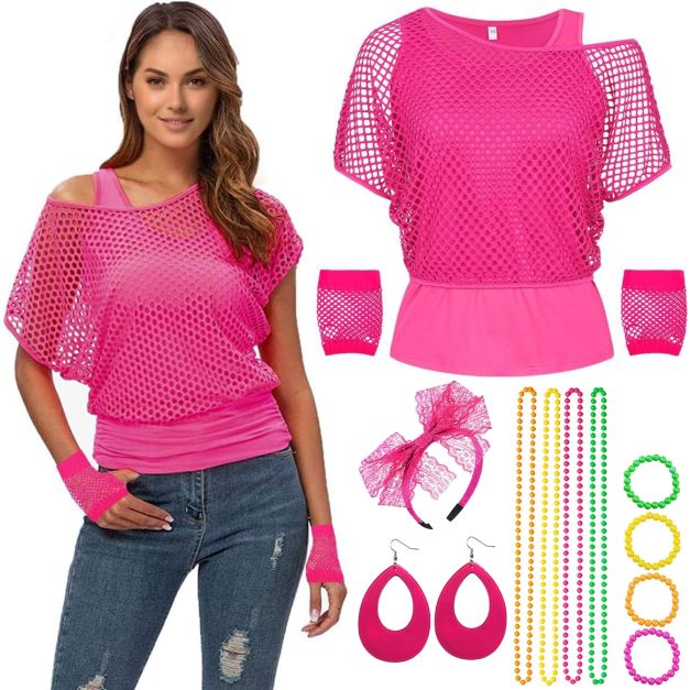 Women's 80s neon costume with hot pink fishnet top and lace headband