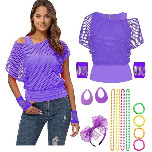 Women's purple fishnet 80s costume top with neon beaded necklaces and bracelets