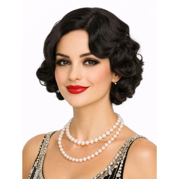 1920s flapper bob wig in black, side profile showing pin-curl ends and graduated wave layers 1920s flapper bob wig in black, side profile showing pin-curl ends and graduated wave layers