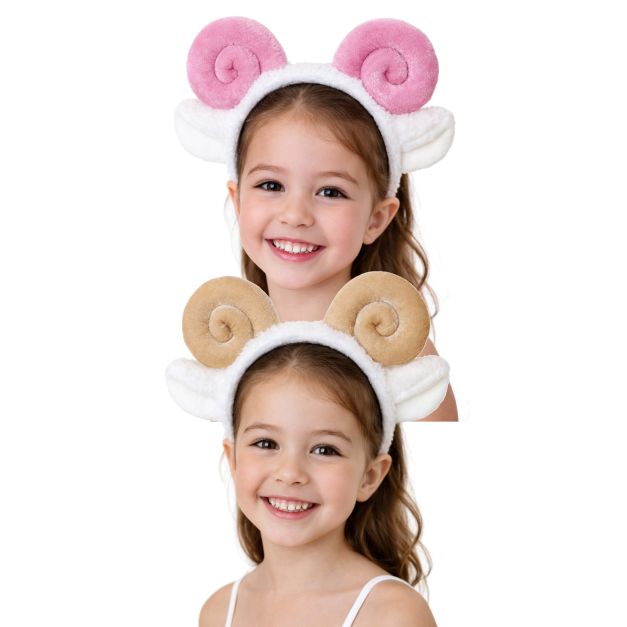 Kids sheep horn headband with spiral ram horns and plush ears in cream color Kids sheep horn headband with spiral ram horns and plush ears in cream color