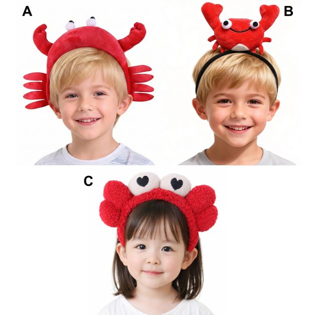 Red plush crab headband Style A with eyestalks and six fabric legs Red plush crab headband Style A with eyestalks and six fabric legs