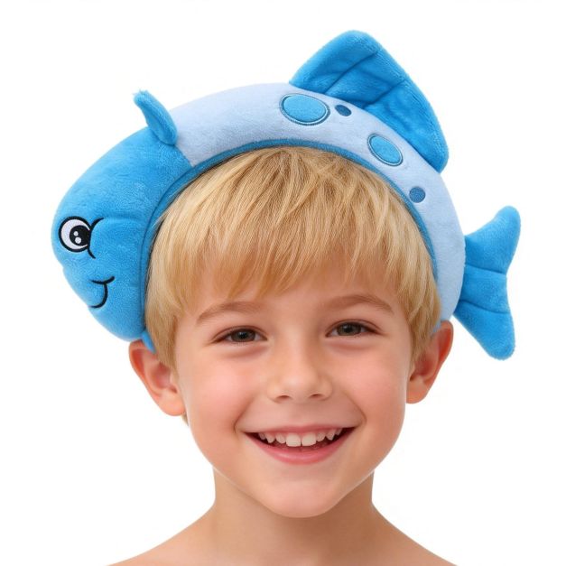Kids blue fish headband with 3D plush construction and embroidered smile Kids blue fish headband with 3D plush construction and embroidered smile
