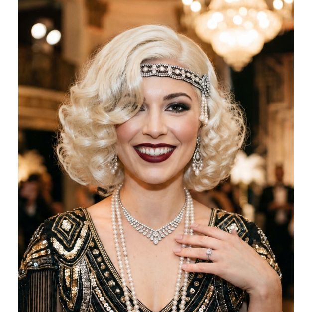 Platinum blonde 1920s flapper wig with finger wave styling and curled bob