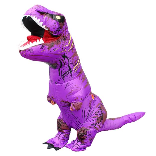 Adult wearing inflatable purple T-Rex dinosaur costume with open mouth and white teeth