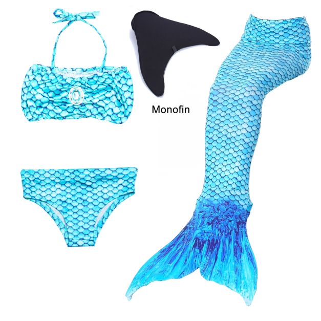 Girls aqua mermaid tail costume with halter bikini top and black monofin for swimming Girls aqua mermaid tail costume with halter bikini top and black monofin for swimming
