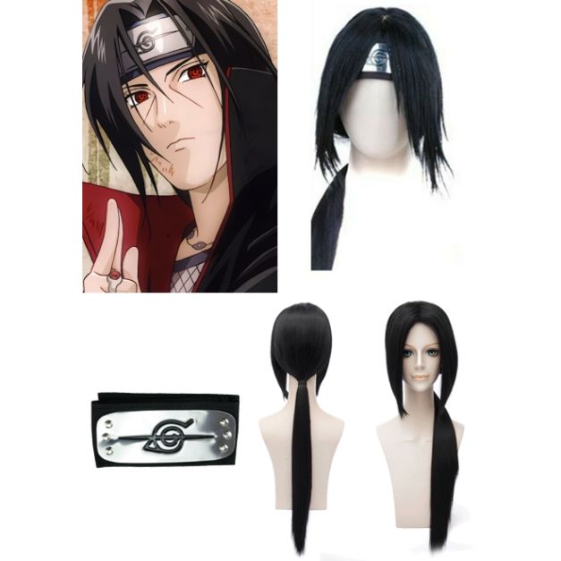 Long black anime ninja wig with center part and layered sections for cosplay Long black anime ninja wig with center part and layered sections for cosplay