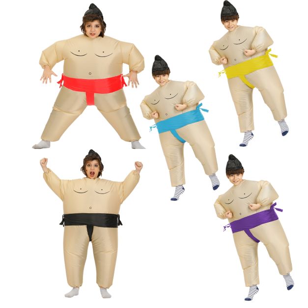 Kids childrens sumo wrestling suits inflatable costume with topknot hat and coloured belt Kids childrens sumo wrestling suits inflatable costume with topknot hat and coloured belt
