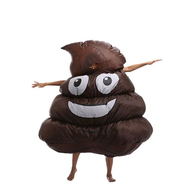 Adult wearing inflatable brown poop emoji costume with white smile and fangs Adult wearing inflatable brown poop emoji costume with white smile and fangs