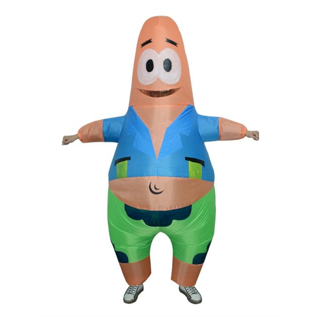 Pink starfish costume with green shorts and printed face hood