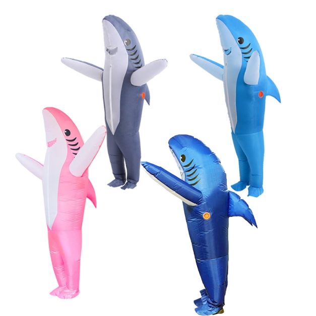 Adult inflatable shark costume in grey with white underbelly and dorsal fin Adult inflatable shark costume in grey with white underbelly and dorsal fin