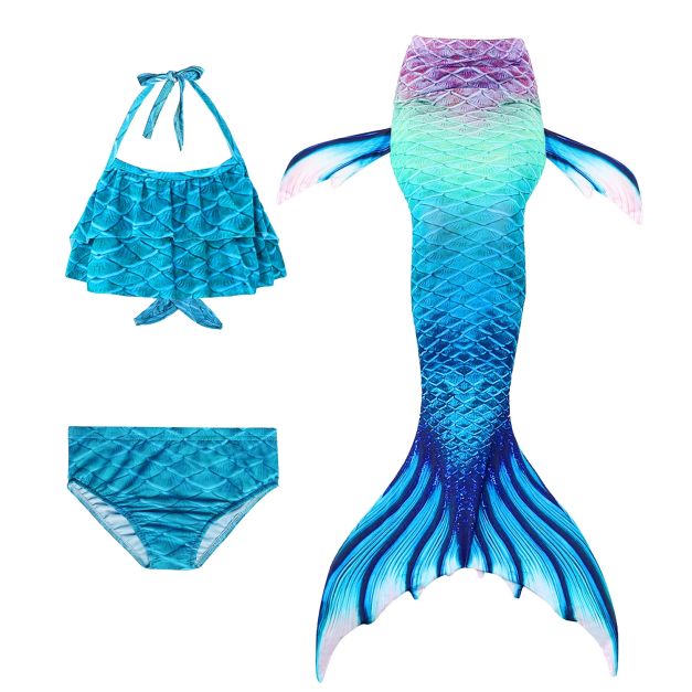 Girls turquoise mermaid tail swimsuit set with holographic gradient tail and monofin Girls turquoise mermaid tail swimsuit set with holographic gradient tail and monofin