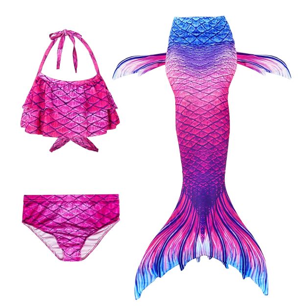 Girls hot pink halter bikini with ombre mermaid tail featuring gradient blue-purple-pink scales and integrated monofin Girls hot pink halter bikini with ombre mermaid tail featuring gradient blue-purple-pink scales and integrated monofin