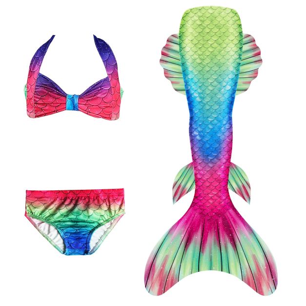 Girls rainbow mermaid bikini with swimmable tail and monofin — three piece set with holographic scale print Girls rainbow mermaid bikini with swimmable tail and monofin — three piece set with holographic scale print
