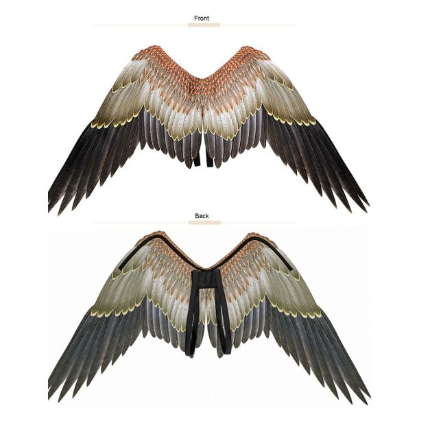Adult eagle costume wings with copper-to-black gradient feathers and elastic harness Adult eagle costume wings with copper-to-black gradient feathers and elastic harness