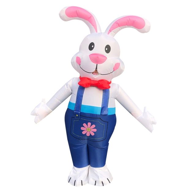 Adult inflatable bunny costume white rabbit with blue denim overalls and red bow tie front view