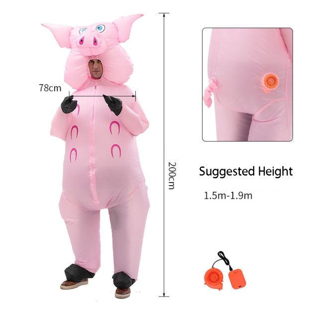 Adult inflatable pink pig costume full body with oversized head and ears Adult inflatable pink pig costume full body with oversized head and ears