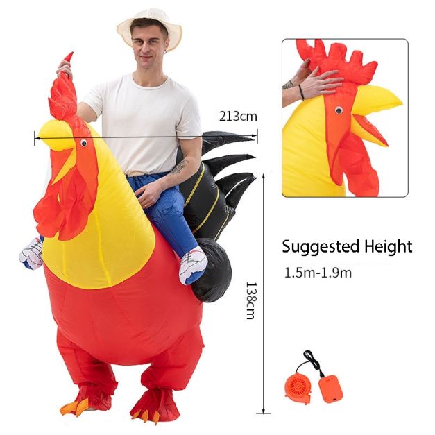 Adult rooster costume inflatable ride-on with red body and yellow chest Adult rooster costume inflatable ride-on with red body and yellow chest
