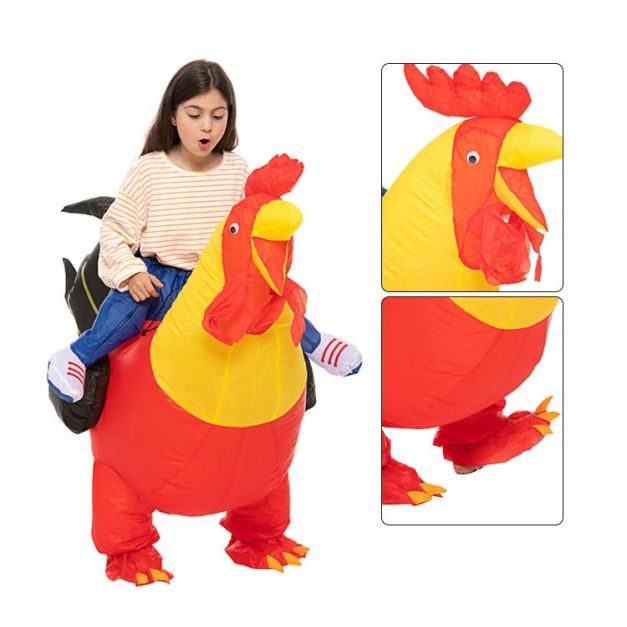 Kids inflatable rooster costume with red body and yellow chest panel, ride-on design Kids inflatable rooster costume with red body and yellow chest panel, ride-on design