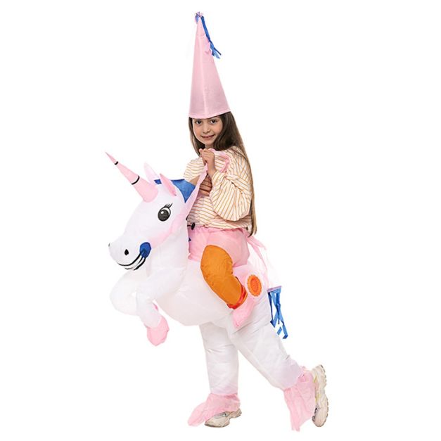 Kids inflatable unicorn ride-on costume with false rider legs and pink cone hat